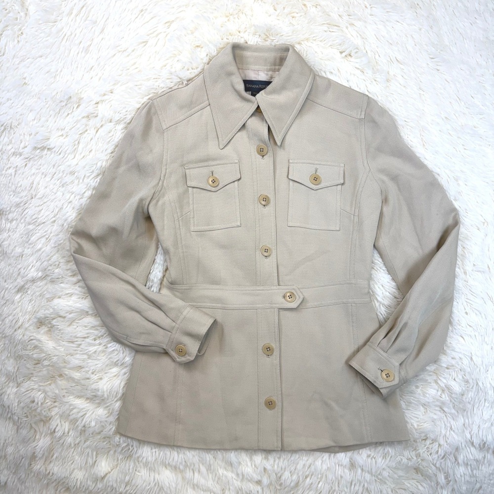 Banana Republic Safari Jacket Womens 0 Beige Silk Wool Blend Utility Button Up
